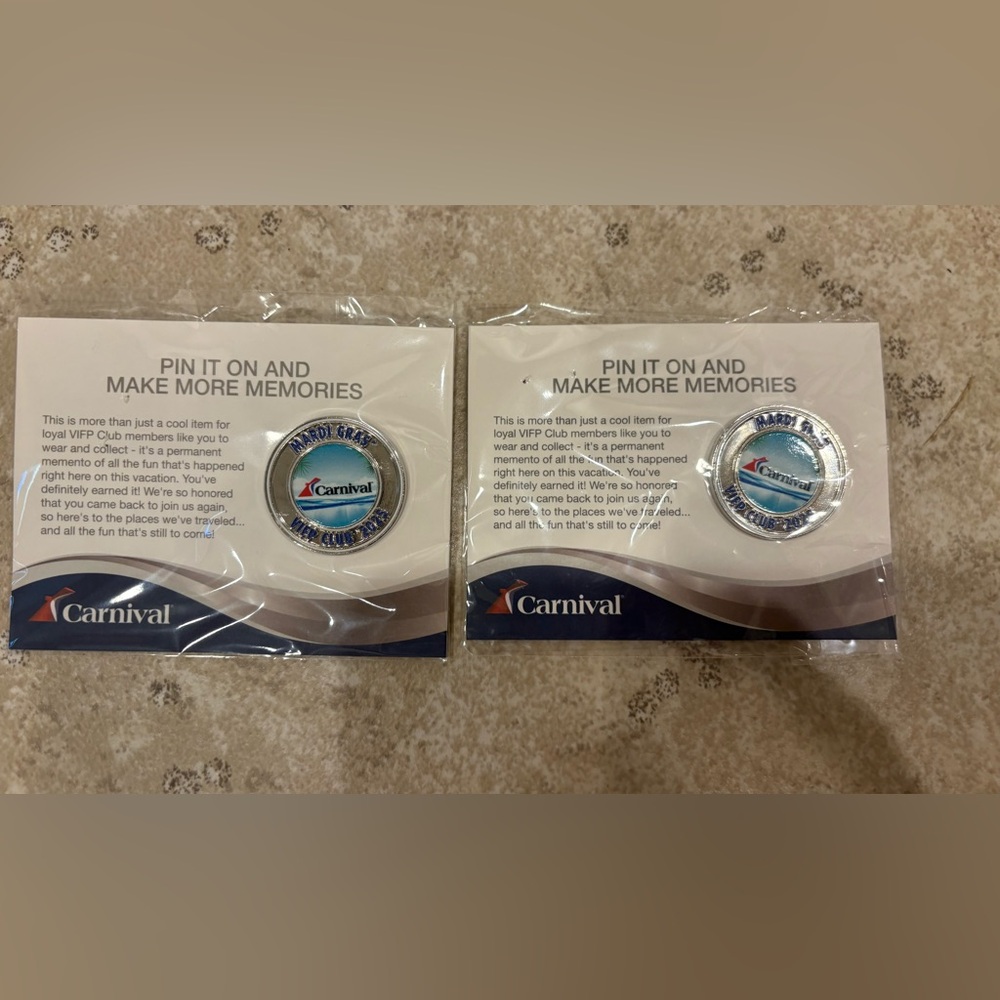 Set of two Carnival Cruise Line Mardi Gras VIFP 2025 souvenir pins